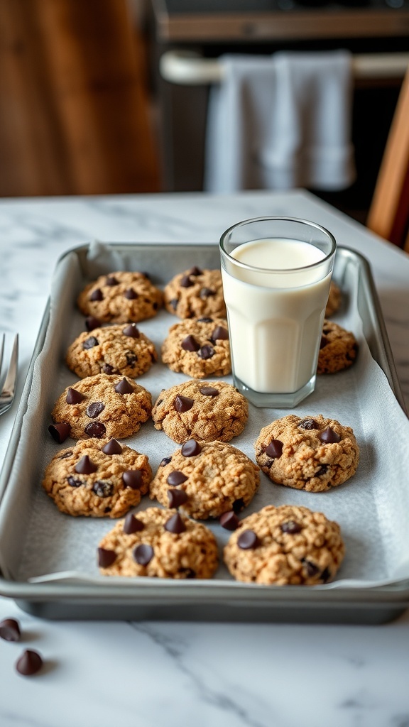 A tray of no-bake oatmeal cookies with chocolate chips and a glass of milk