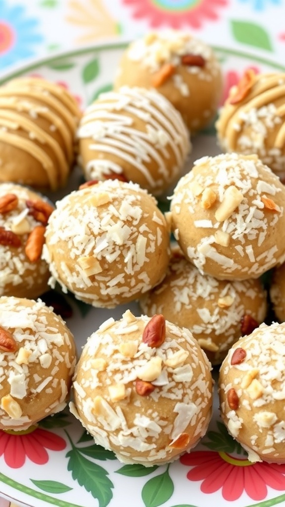 A colorful plate of no-bake peanut butter bites, some coated in shredded coconut and topped with nuts.