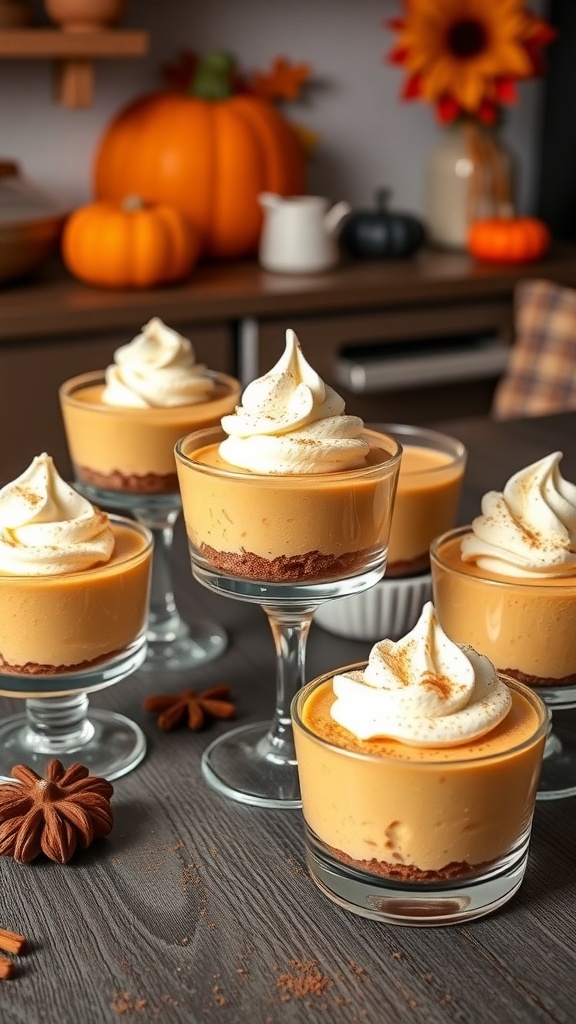 No-bake pumpkin cheesecake cups with whipped cream and cinnamon, surrounded by pumpkins and autumn decor.