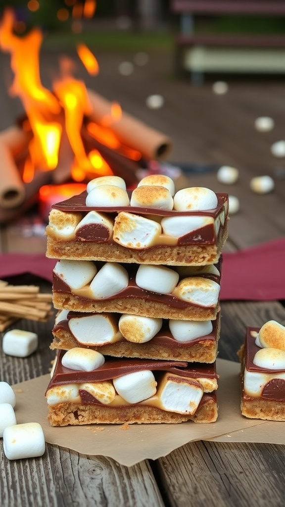 A stack of no-bake s'mores bars with melted chocolate and toasted marshmallows, set against a cozy campfire backdrop.