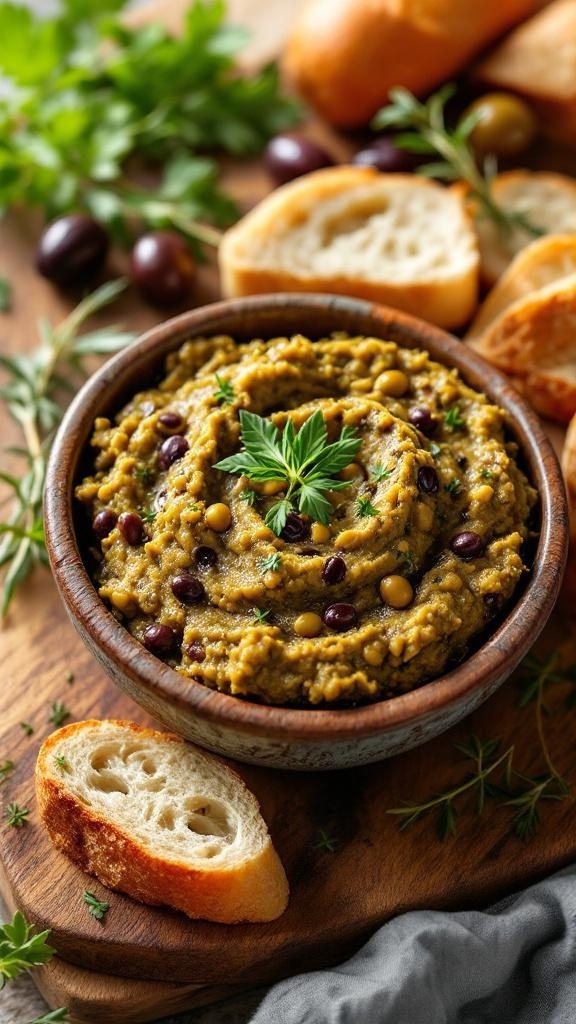 A bowl of olive tapenade with slices of bread, garnished with herbs