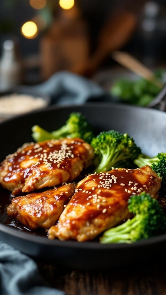 A delicious one-pan teriyaki chicken dish with broccoli and sesame seeds.