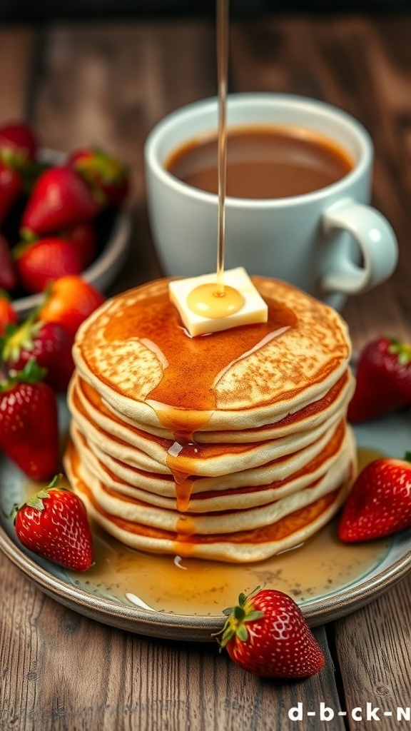 A stack of fluffy pancakes topped with butter and syrup, served with fresh strawberries and a cup of coffee.