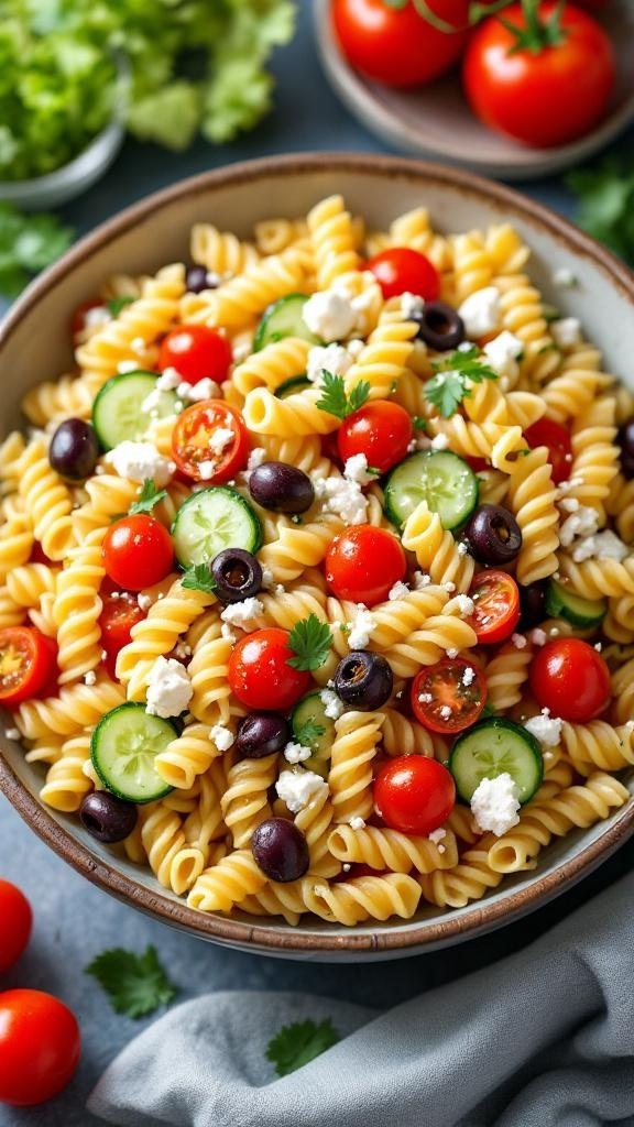 A colorful bowl of pasta salad with rotini, cherry tomatoes, cucumbers, olives, and feta cheese.