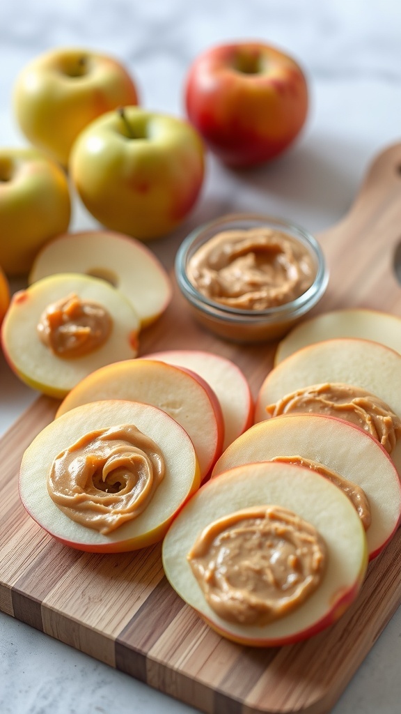 Sliced apples with peanut butter on a wooden cutting board