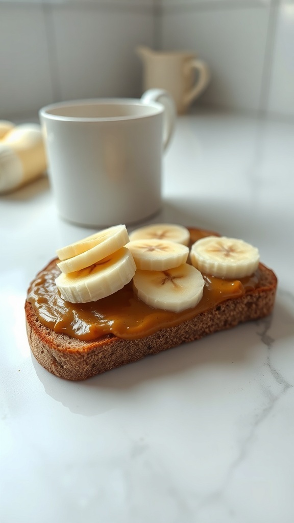 Peanut butter and banana toast on a plate with a cup of coffee in the background.