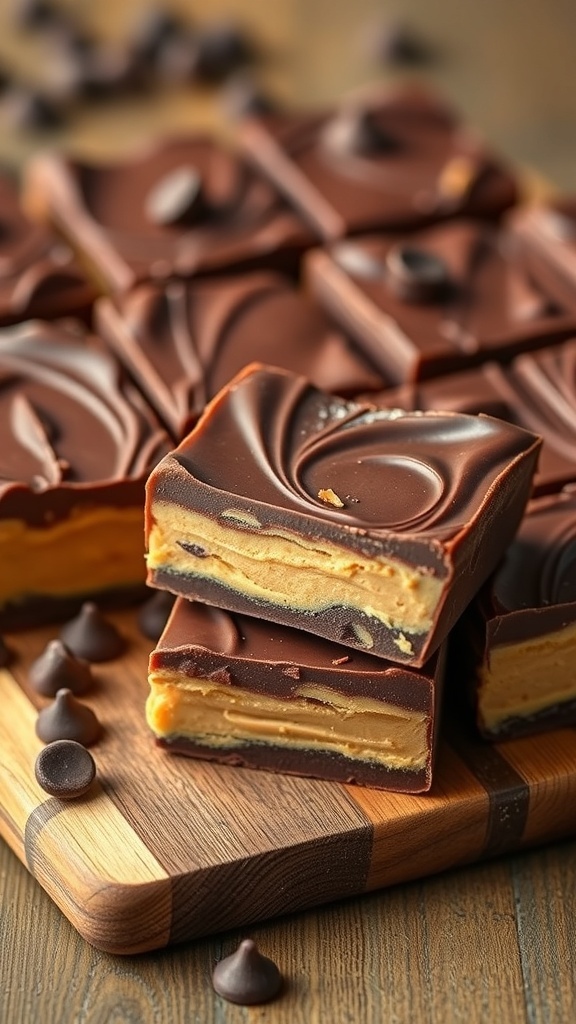 Delicious peanut butter chocolate bars stacked on a wooden board, showcasing layers of chocolate and peanut butter.