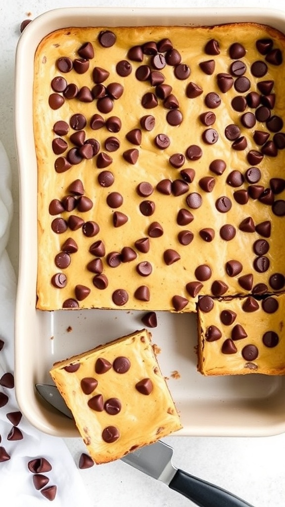 A pan of peanut butter chocolate chip bars with chocolate chips on top, one slice cut out.