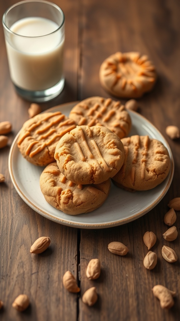 Plate of peanut butter cookies with a glass of milk