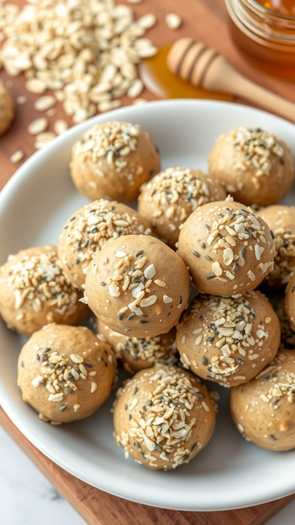 A bowl filled with peanut butter energy bites rolled in oats, surrounded by honey and oats on a wooden surface.