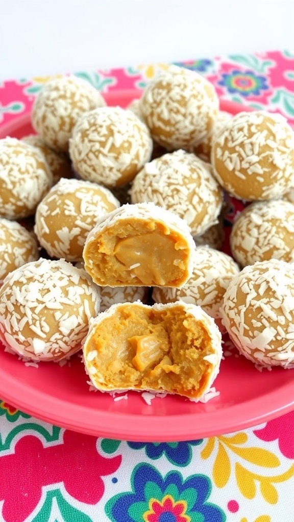 Plate of peanut butter energy bites coated in shredded coconut, some bites are cut in half showing the creamy center.