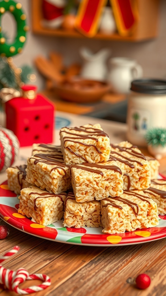 A colorful plate of peanut butter rice krispie treats drizzled with chocolate, set against a festive background.
