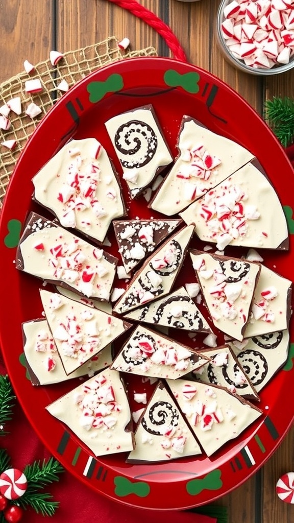 A festive platter of peppermint bark featuring dark and white chocolate topped with crushed peppermint candies.