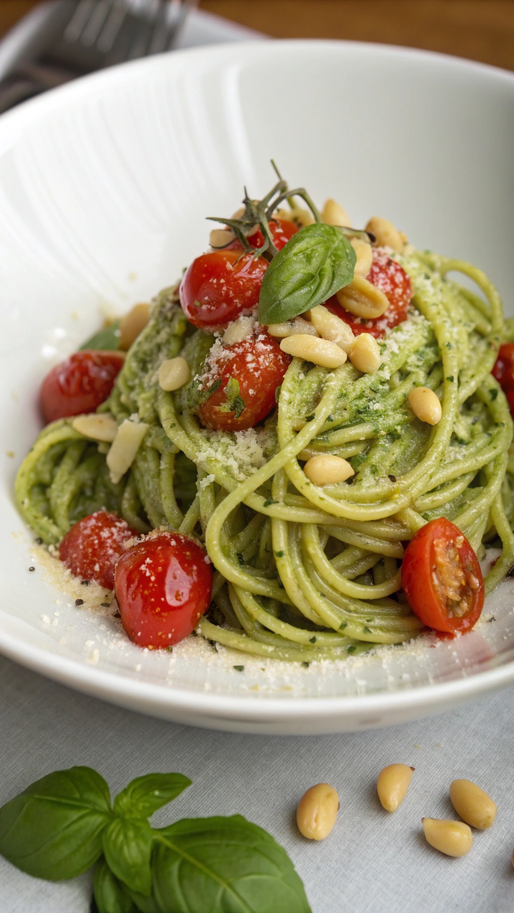 A bowl of simple pesto pasta topped with cherry tomatoes, pine nuts, and basil.