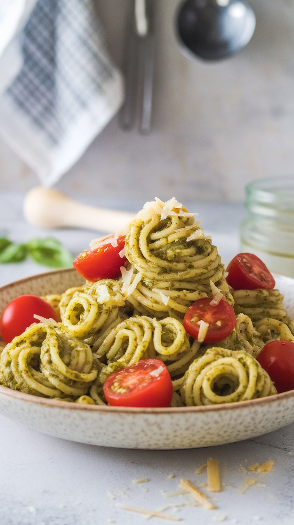 A bowl of pesto pasta topped with cherry tomatoes and Parmesan cheese.