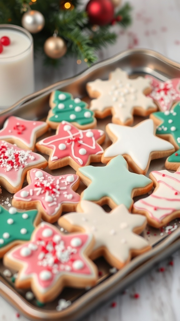 A tray of beautifully decorated sugar cookies in festive shapes and colors, perfect for any occasion.