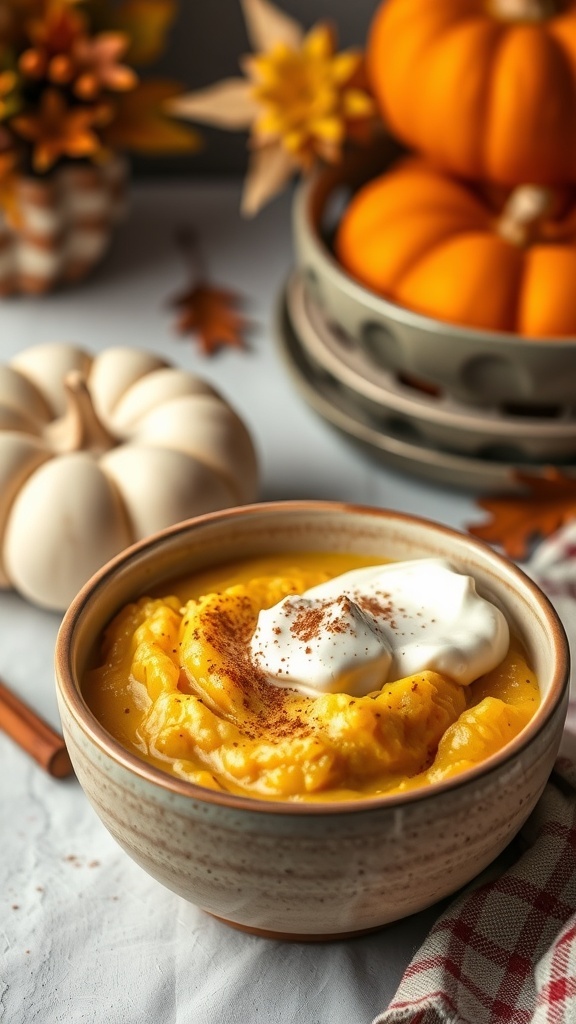 A bowl of pumpkin rice pudding topped with whipped cream and cinnamon, surrounded by decorative pumpkins.