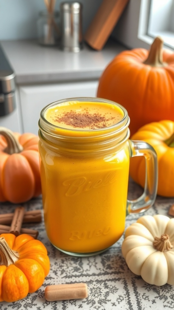 A creamy pumpkin smoothie in a mason jar topped with a slice of pumpkin, surrounded by small pumpkins and cinnamon sticks.
