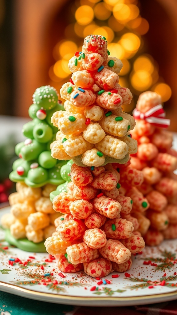 Colorful Rice Krispie treats shaped like Christmas trees, decorated with sprinkles.