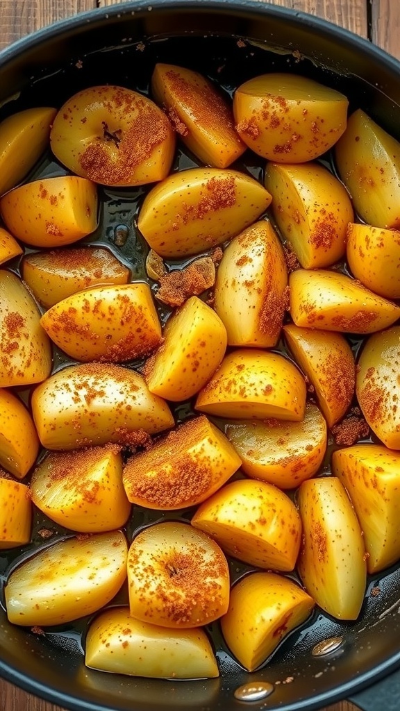 Sautéed apple slices with cinnamon sugar in a skillet