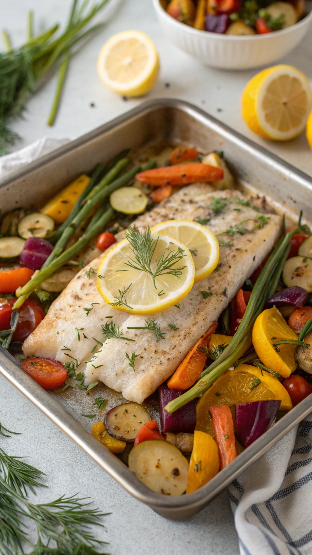 Sheet pan with lemon dill fish and colorful vegetables