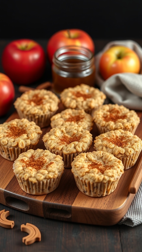 Baked oatmeal cups with apples and honey on a wooden board