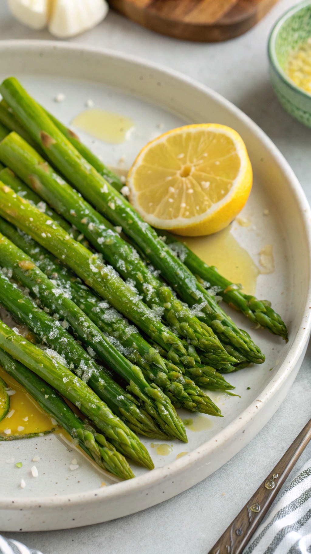 A plate of steamed asparagus drizzled with lemon juice, garnished with a lemon wedge.
