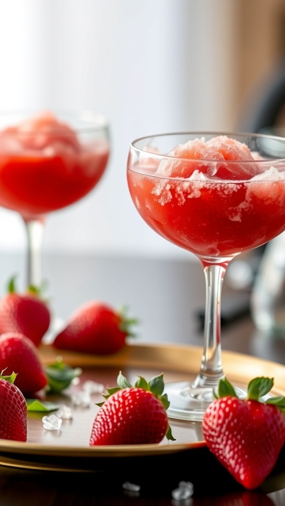 Two glasses of strawberry granita with fresh strawberries on a plate