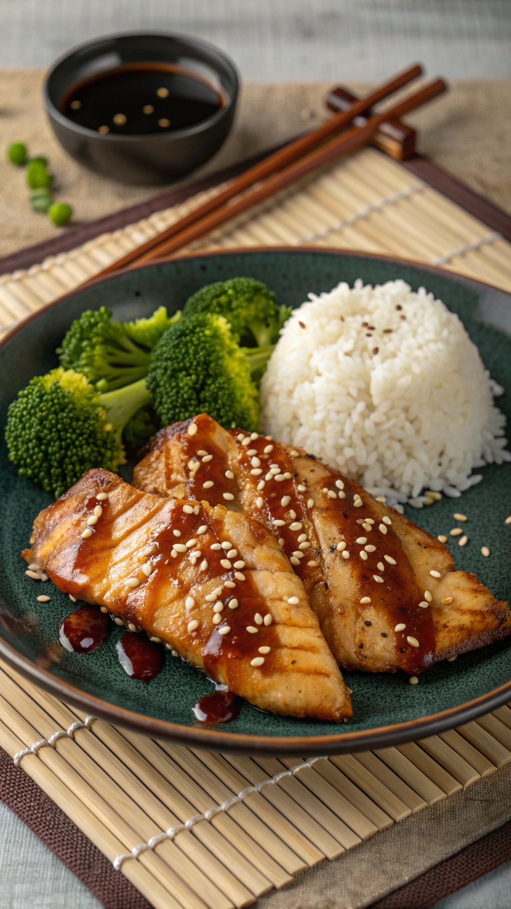 A plate of teriyaki glazed tilapia with broccoli and rice