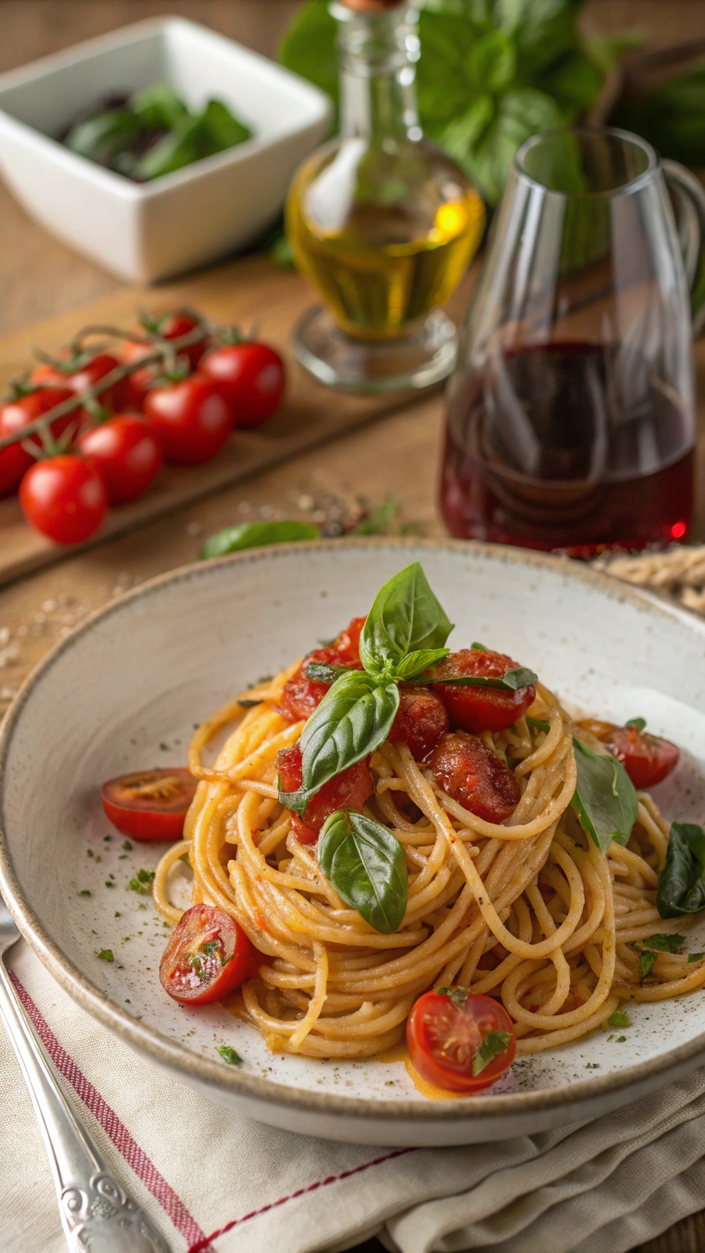A plate of tomato basil pasta with cherry tomatoes and fresh basil, served with olive oil and a glass of red wine in the background.