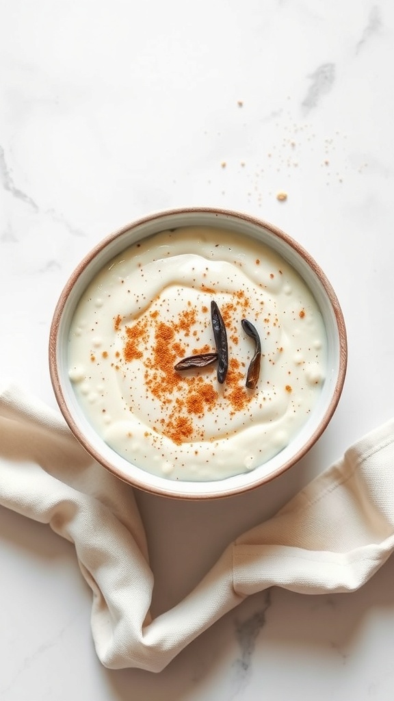 A bowl of creamy vanilla cheesecake overnight oats topped with cinnamon and vanilla beans.
