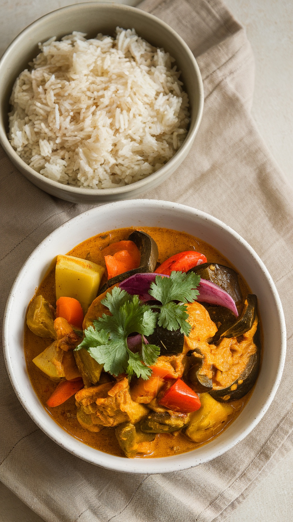A bowl of vegetable curry with rice, garnished with cilantro.