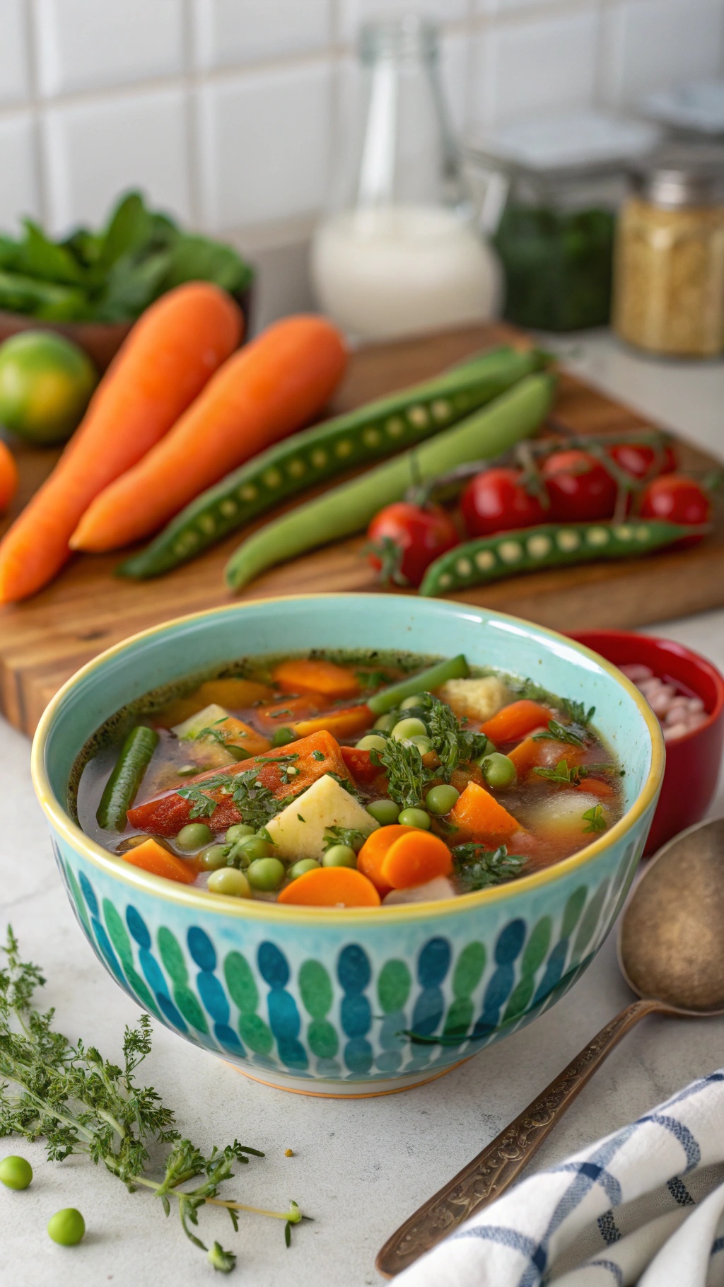 A bowl of colorful vegetable soup with carrots, peas, and green beans, surrounded by fresh vegetables.