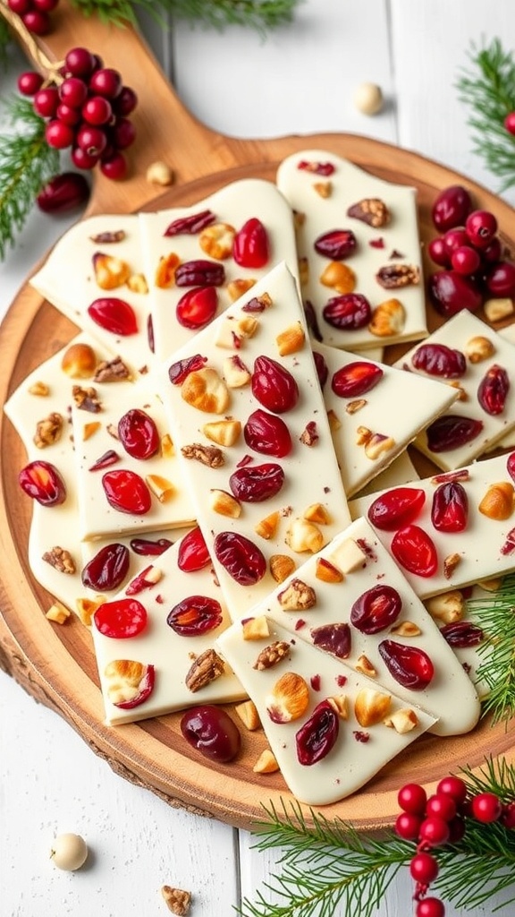 A platter of white chocolate cranberry bark topped with cranberries and nuts, surrounded by holiday decorations.