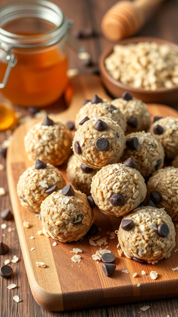 A wooden board with no-bake oatmeal energy bites, some topped with chocolate chips, alongside a jar of honey and a bowl of oats.