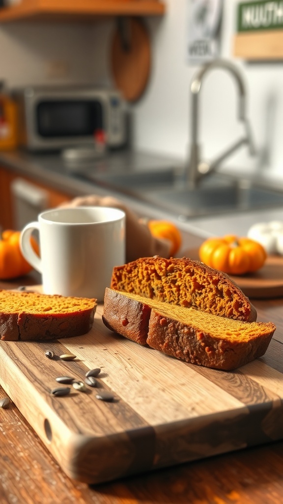A loaf of pumpkin bread sliced on a wooden board with a cup of coffee and small pumpkins in the background.