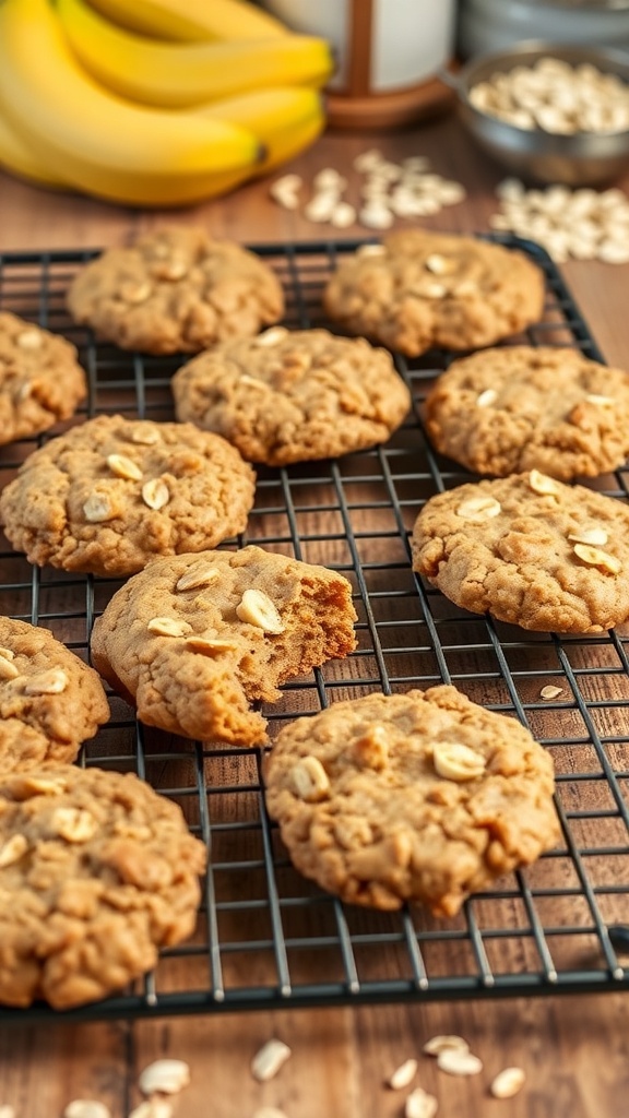 A tray of banana oatmeal cookies cooling on a wire rack with bananas and oats in the background.