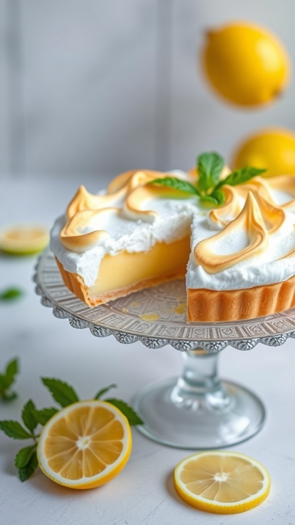 A beautiful lemon meringue tart on a glass cake stand, with a slice removed, surrounded by fresh lemons and mint leaves.