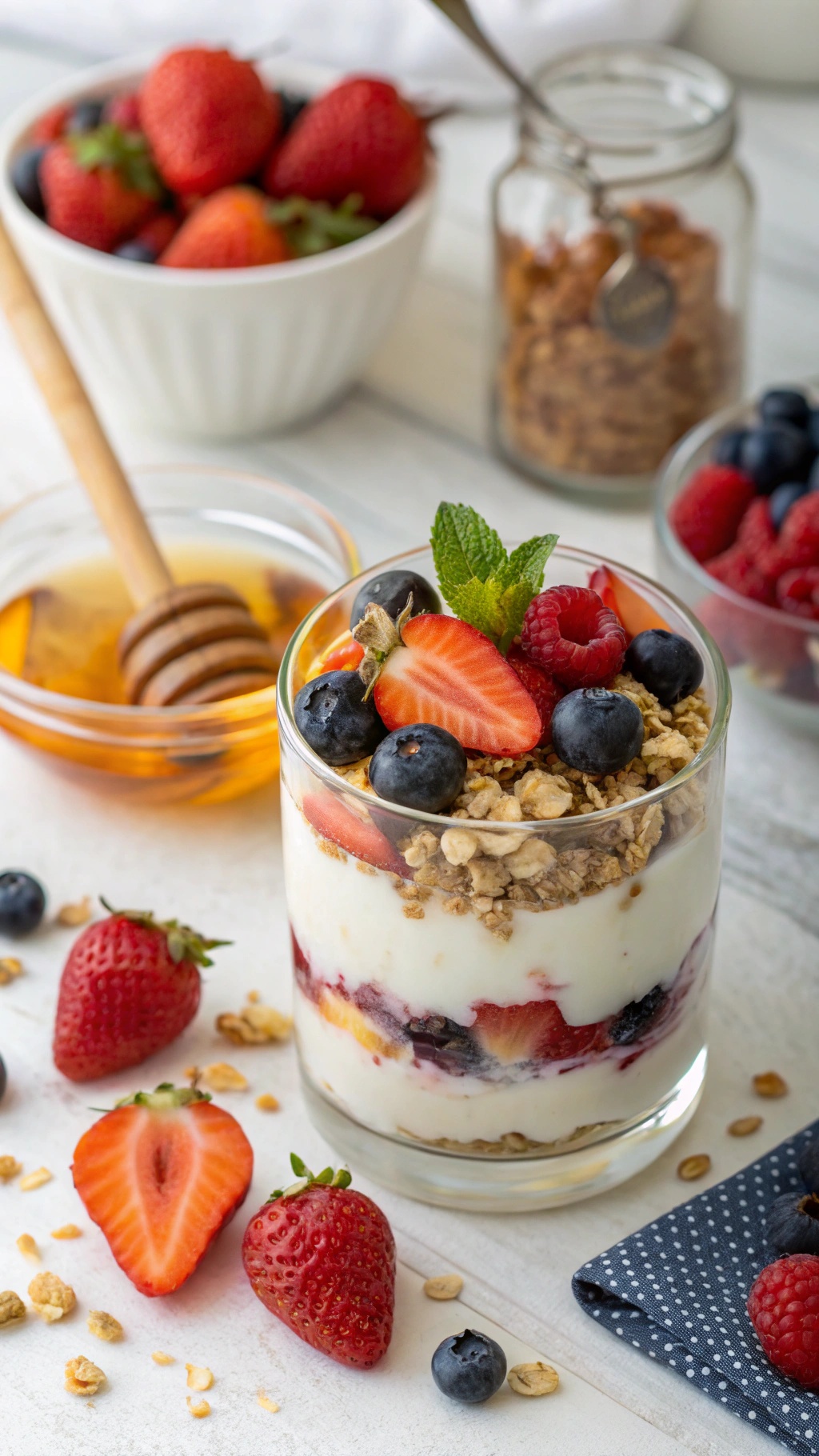A delicious yogurt parfait layered with mixed berries, granola, and honey, garnished with mint leaves.