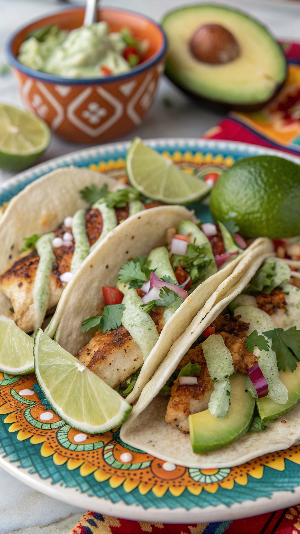 Delicious fish tacos with cilantro lime sauce, garnished with lime wedges and avocado.