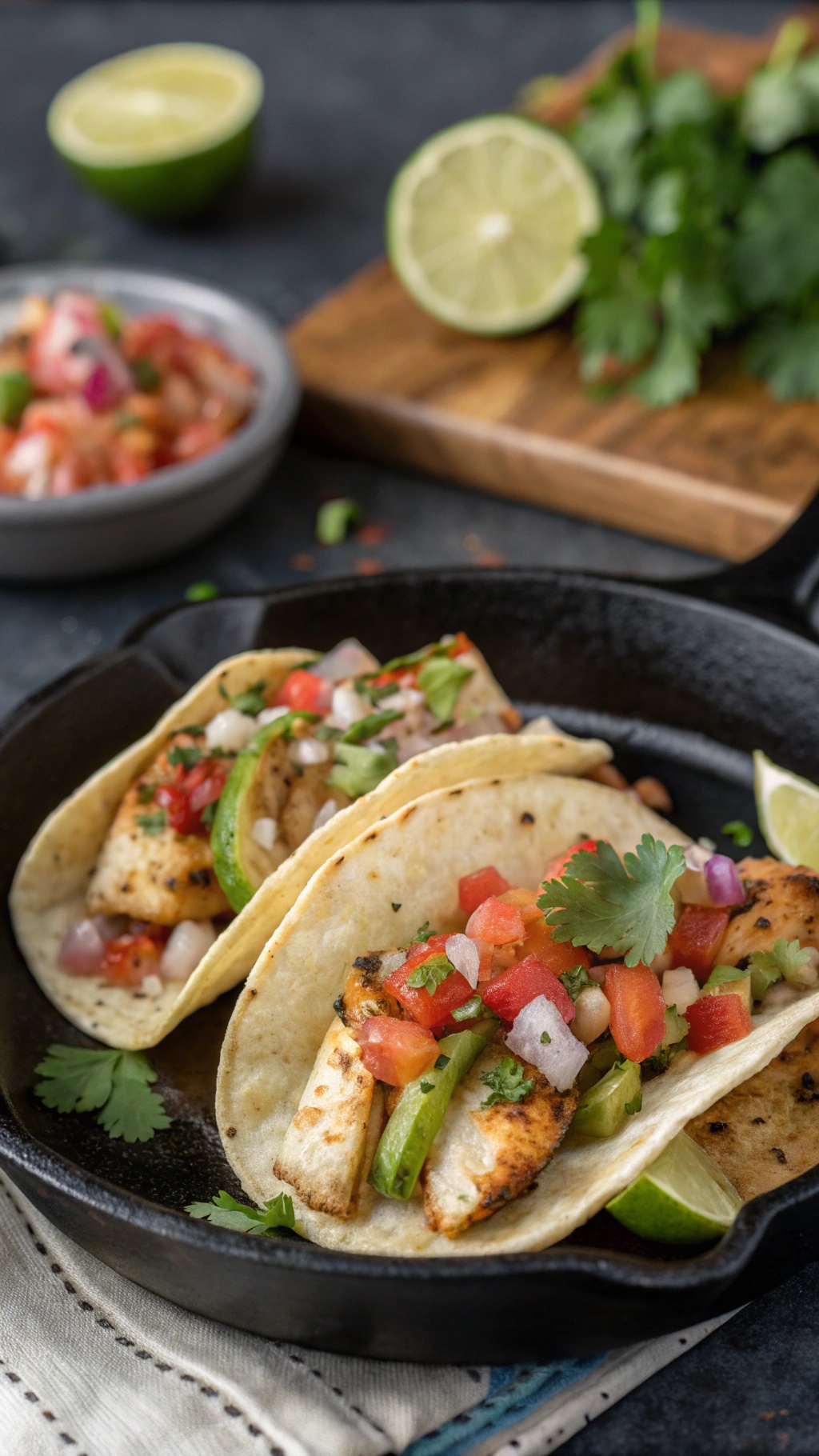 Two sizzling fish tacos with jalapeño salsa on a black skillet, garnished with lime and cilantro.