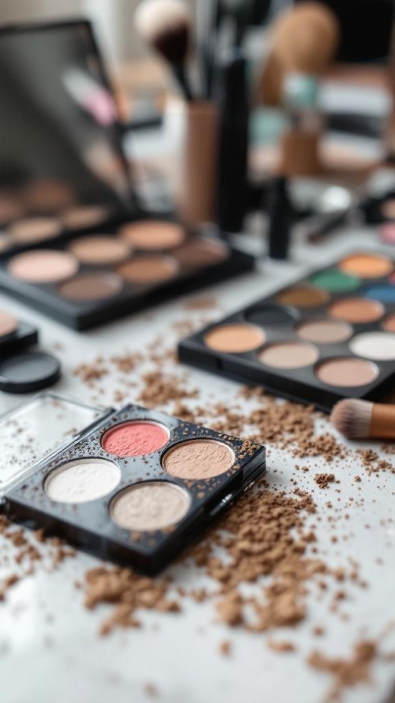 A variety of makeup products including eyeshadow palettes and brushes scattered on a table.