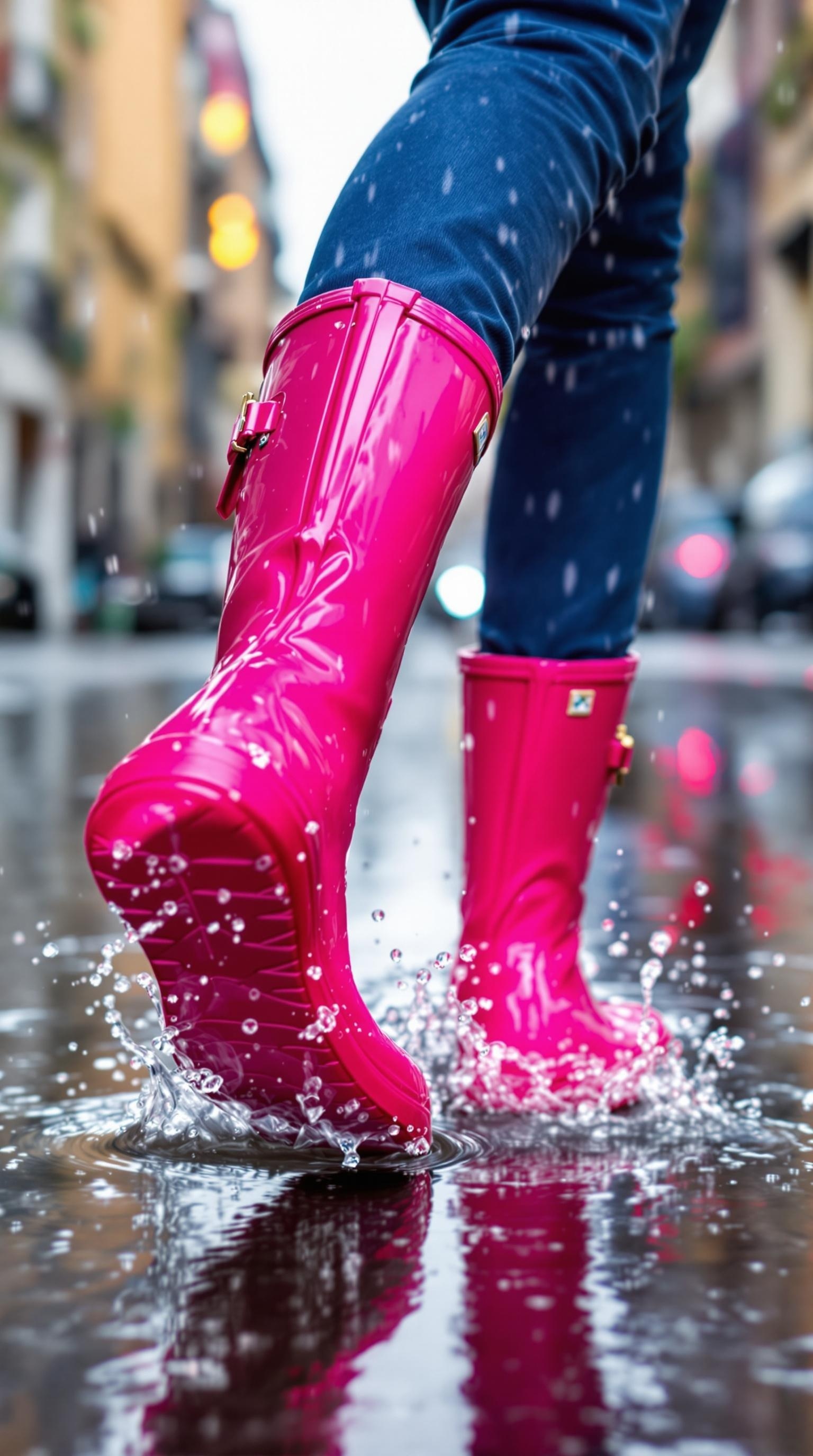 A person wearing vibrant yellow and pink rain boots, splashing in a puddle on a rainy street.