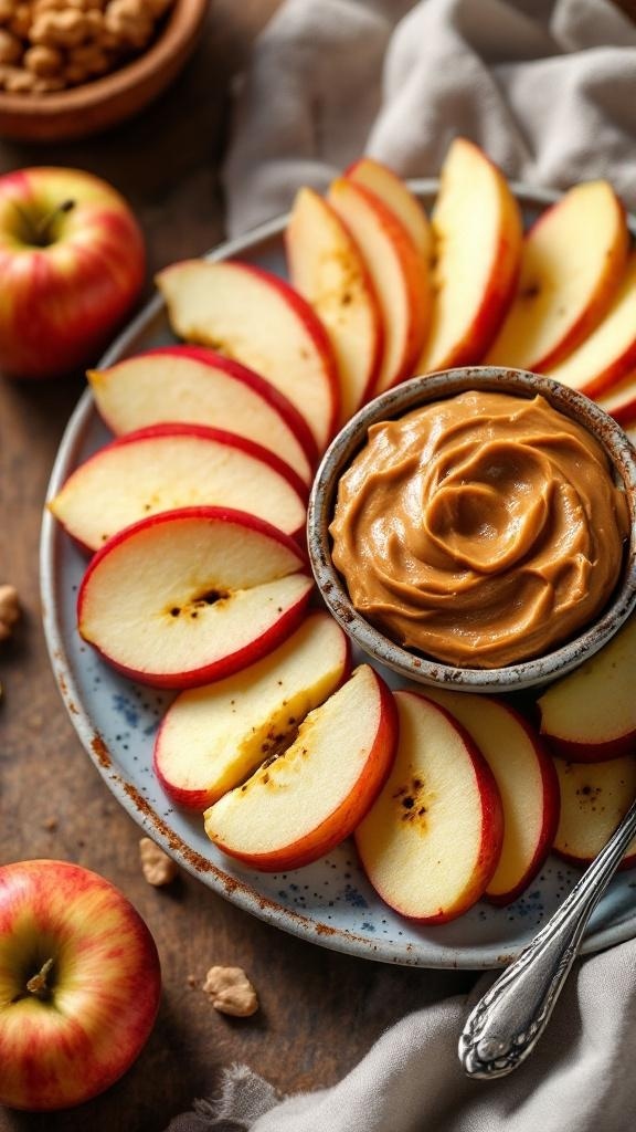 A plate of sliced apples arranged around a bowl of creamy peanut butter, with whole apples and nuts in the background.