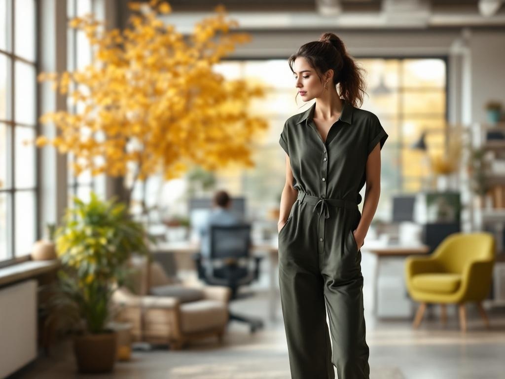 A woman in an olive green jumpsuit standing in a bright office space with autumn trees outside.