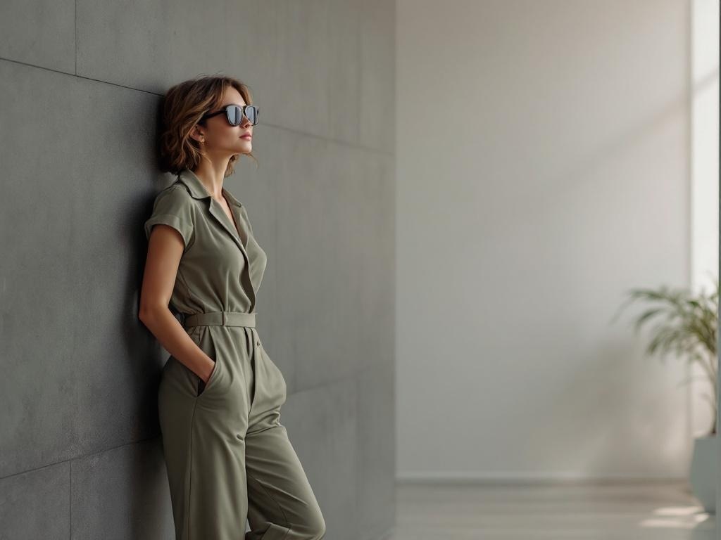 A woman in a stylish green jumpsuit leaning against a wall, showcasing a smart casual look.