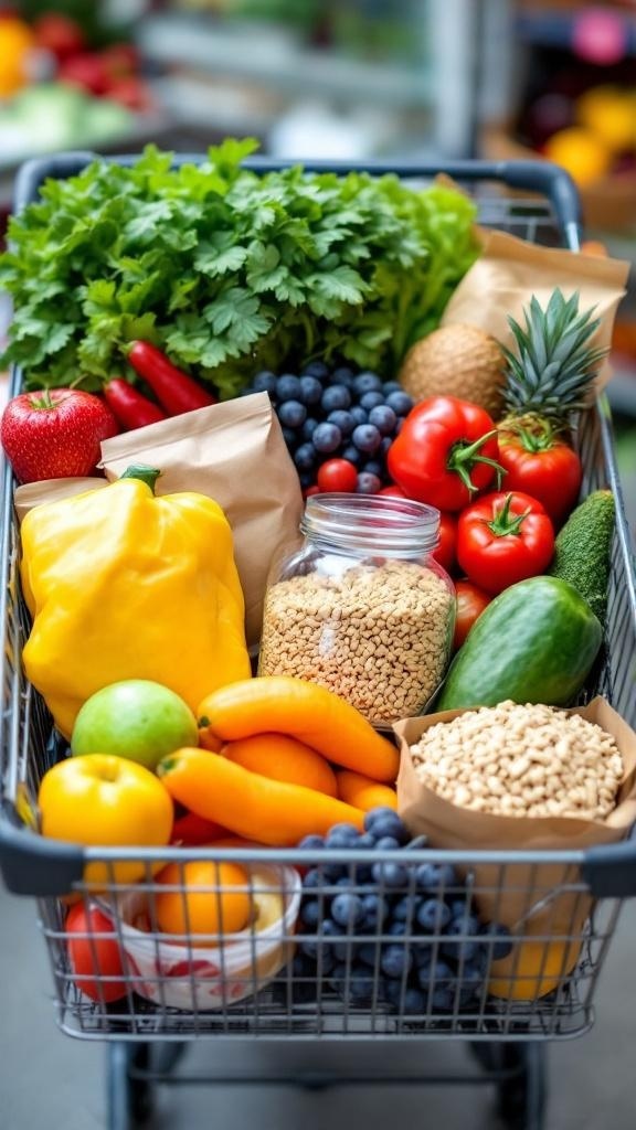 A shopping cart filled with fresh fruits, vegetables, and pantry staples.