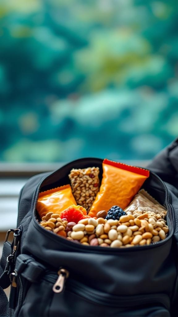 A backpack filled with healthy snacks like nuts, energy bars, and dried fruits.