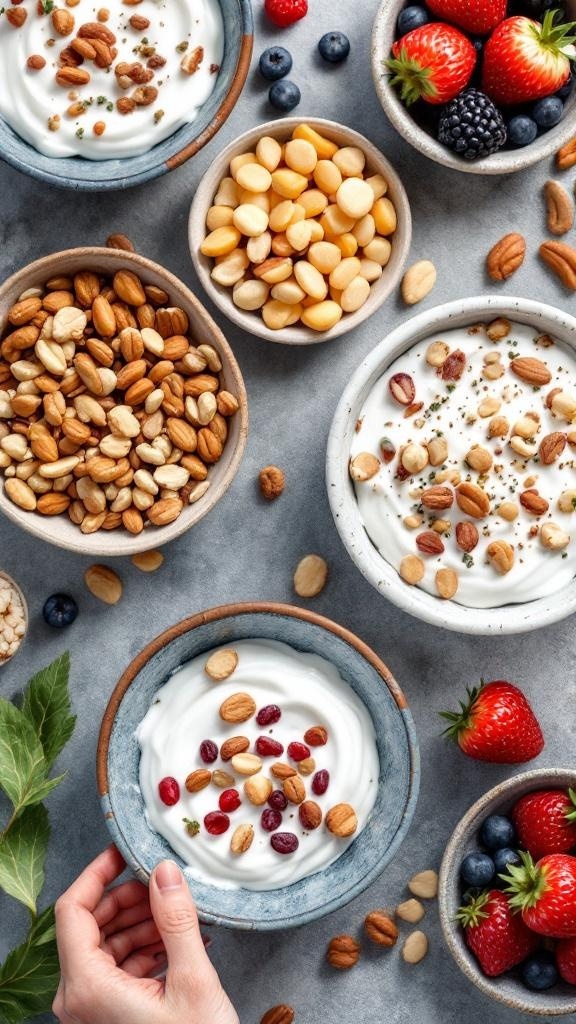 A variety of healthy snacks including yogurt, nuts, and berries arranged in bowls.