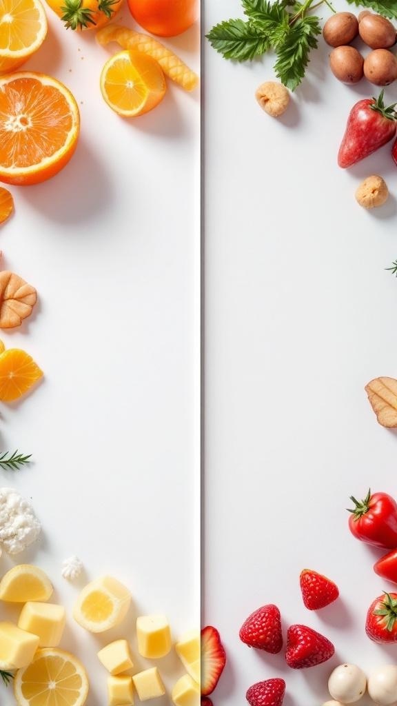 A colorful display of fruits and vegetables, showcasing healthy eating options.